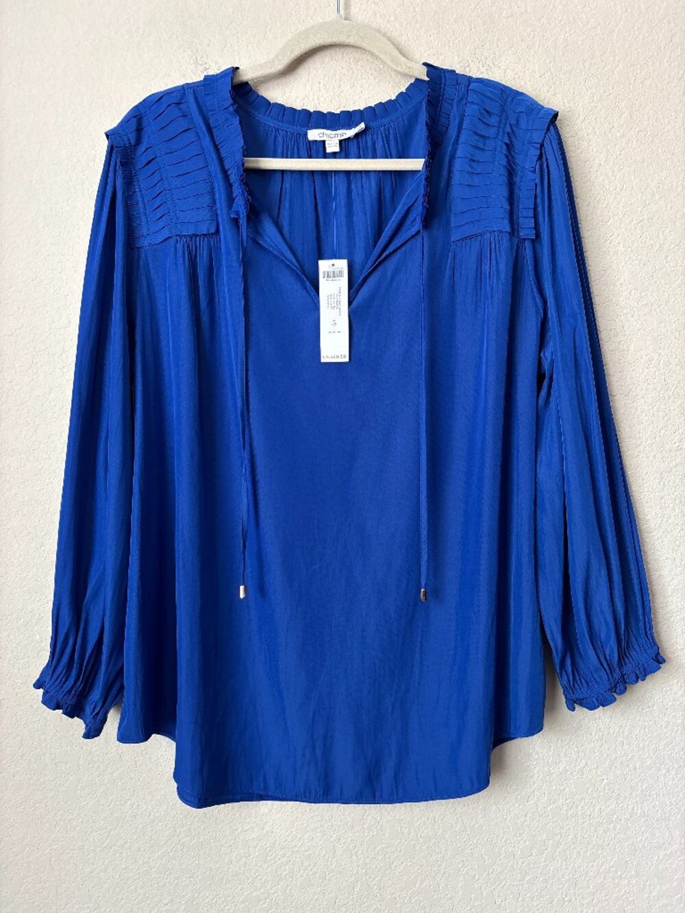 Chico’s XL Sea Island Poly Pleated Blouse in Rich Cobalt NEW